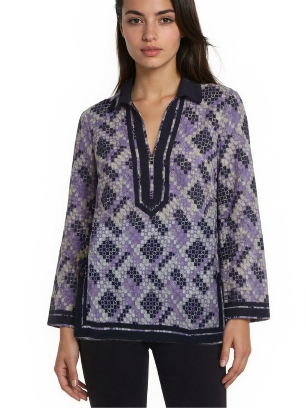 Tory Burch Lightweight Cotton Purple Geometric Chain Logo Print Tunic Top